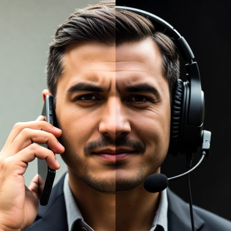 half his face is a call recipient and the other half is a sales coach with a headset on.