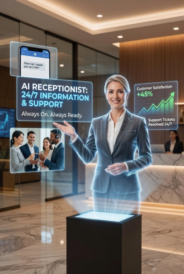 a holographic receptionist offering information and support